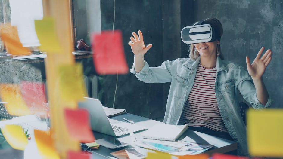 Smiling woman using VR headset in a modern office filled with colorful sticky notes